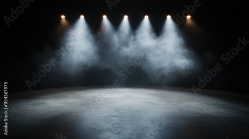 A smoke-filled stage is illuminated by high-intensity bright spotlights. This adds a dramatic touch, making it perfect for energetic performances and spectacles. photo