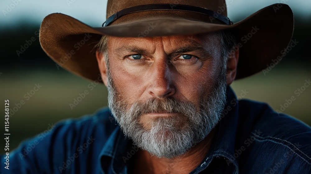 A rugged man with a gray beard and piercing blue eyes wearing a cowboy hat in an outdoor setting, presenting an intense and focused expression in striking lighting. A rugged man with a gray beard and piercing blue eyes wearing a cowboy hat in an outdoor setting, presenting an intense and focused expression in striking lighting.