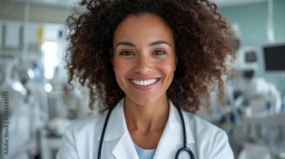 A cheerful doctor with a warm smile, curly hair, and a stethoscope around her neck, standing confidently in a bright medical office environment. A cheerful doctor with a warm smile, curly hair, and a stethoscope around her neck, standing confidently in a bright medical office environment.