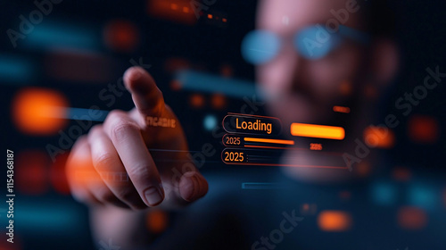 Entering 2025: A futuristic interface loads, a finger interacts with the digital world, anticipation building for the new year's possibilities.