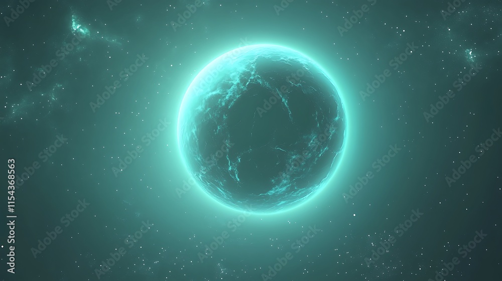 Obraz premium Glowing Teal Planet Mysteriously Orbiting in Deep Space: A Stunning Digital Painting. AI Generated
