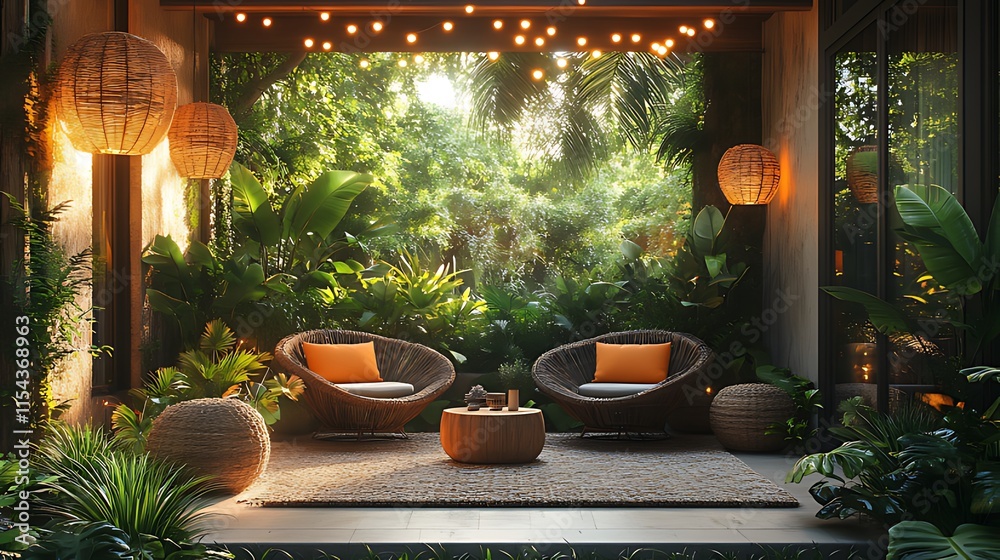 Tranquil outdoor patio with wicker chairs, lush greenery, and warm lighting. Tranquil outdoor patio with wicker chairs, lush greenery, and warm lighting.