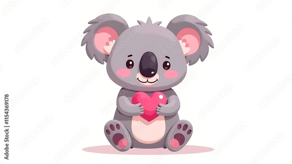 Naklejka premium Koala holding a pink heart in her hands, white background