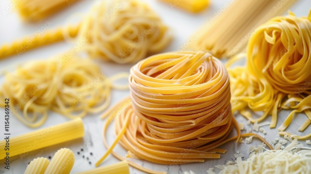 Detailed close-up of different pasta shapes such as fusilli, rigatoni, and linguine on a white background Detailed close-up of different pasta shapes such as fusilli, rigatoni, and linguine on a white background
