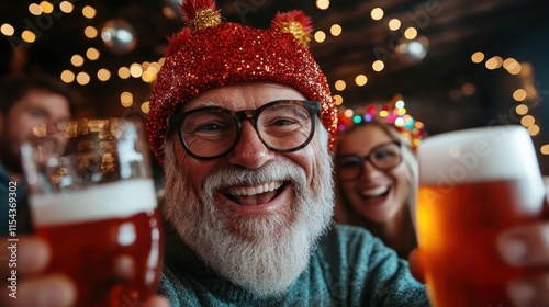 A bearded man wearing a playful festive hat joyfully holds up cold beers, surrounded by bright illuminating lights, celebrating in a warm and cheerful setting. photo