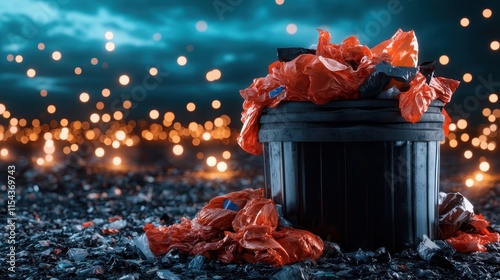 An outdoor trash can, overflowing with orange bags, against the night sky, highlights issues of waste overflow, urban life, and environmental neglect. photo