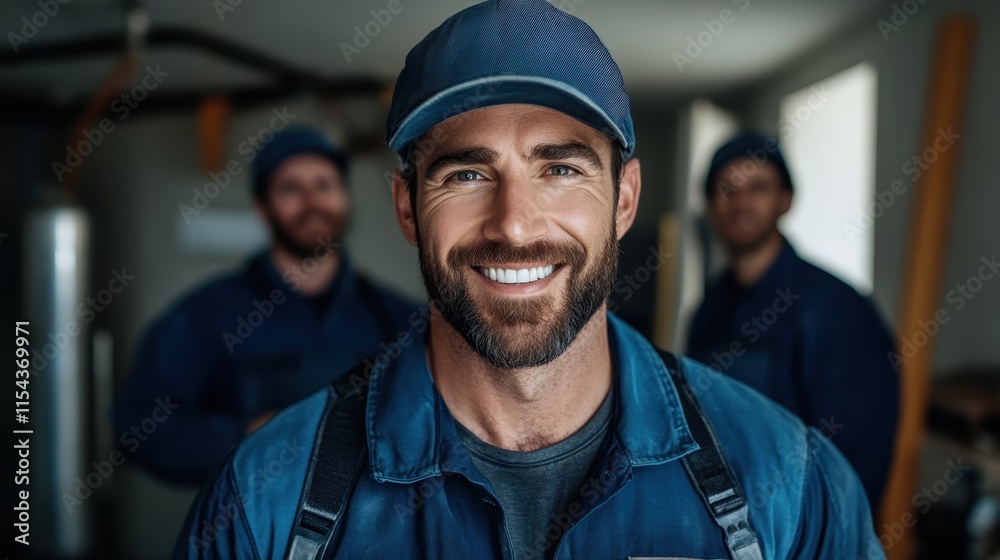 A smiling man in a blue uniform stands confidently with his colleagues in the background, representing teamwork, dedication, and skilled labor in a workplace environment. A smiling man in a blue uniform stands confidently with his colleagues in the background, representing teamwork, dedication, and skilled labor in a workplace environment.