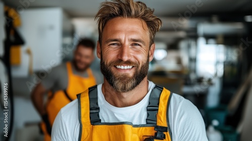A bearded man wearing a yellow safety vest smiles brightly at the camera, surrounded by a busy workplace environment, highlighting positivity and teamwork.