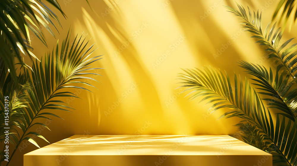 Yellow platform with palm leaves. Sunlit. Illustration Yellow platform with palm leaves. Sunlit. Illustration