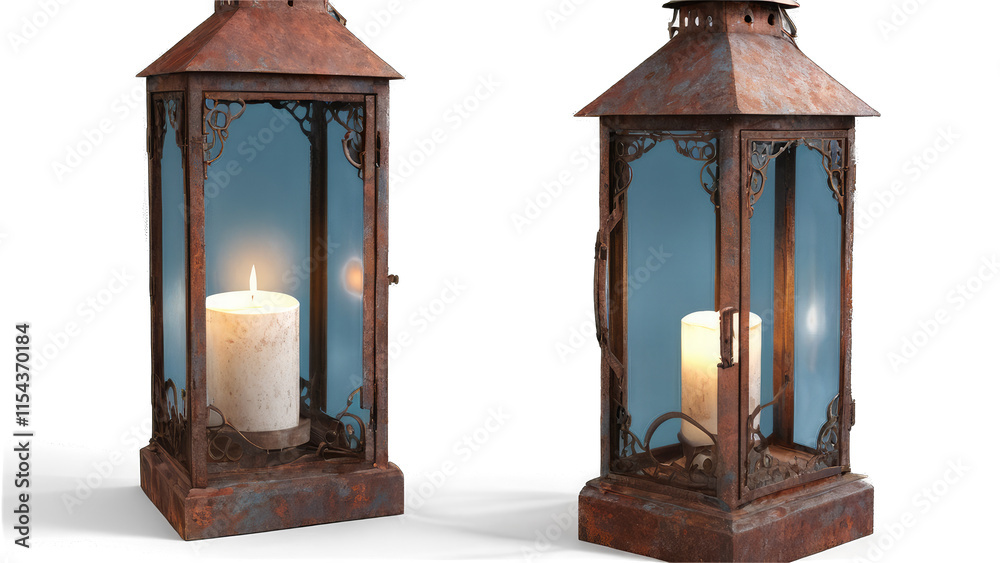 Two rustic metal lanterns with lit candles inside, showing intricate detailing and a weathered texture. Two rustic metal lanterns with lit candles inside, showing intricate detailing and a weathered texture.
