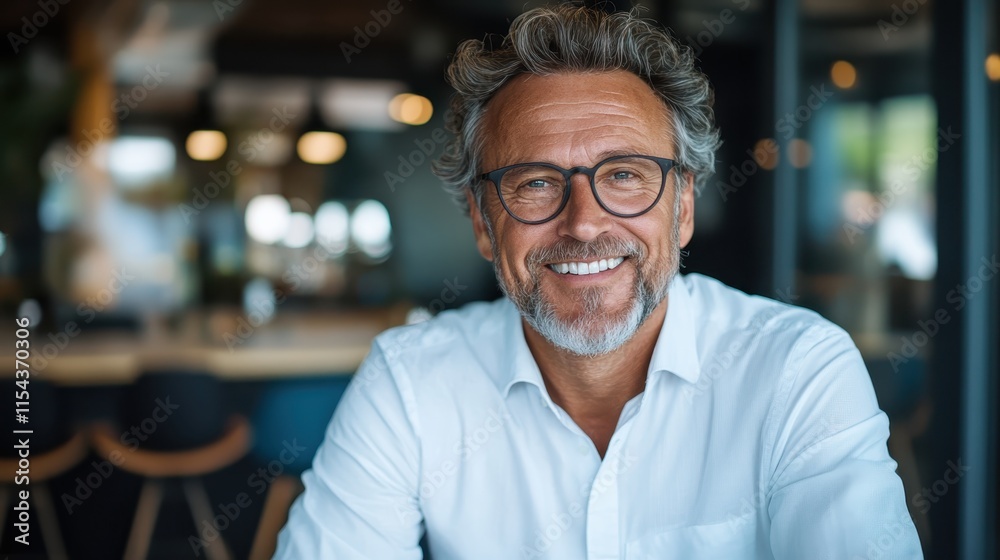 Elegant mature man in a classic white shirt smiles with confidence in a stylish setting, radiating charm and professionalism in a modern interior background. Elegant mature man in a classic white shirt smiles with confidence in a stylish setting, radiating charm and professionalism in a modern interior background.