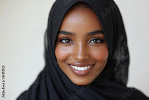 Woman in black hijab holding a bouquet of red roses, smiling in a sunlit garden setting. photo