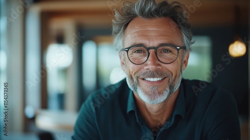 A smiling man with glasses and wavy grey hair, wearing a green shirt, beams with happiness in a bright, well-lit interior space with a modern design.