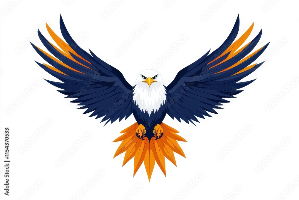 A stylized eagle with vibrant blue and orange wings in flight. A stylized eagle with vibrant blue and orange wings in flight.