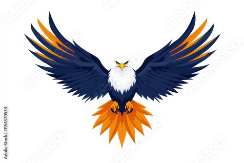 A stylized eagle with vibrant blue and orange wings in flight. photo