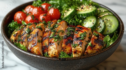 A vibrant bowl of grilled chicken, fresh greens, cherry tomatoes, and cucumber slices, beautifully presented for a healthy meal option. photo