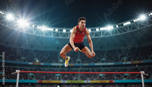 Male athlete performing high jump in stadium with bright lights and crowd