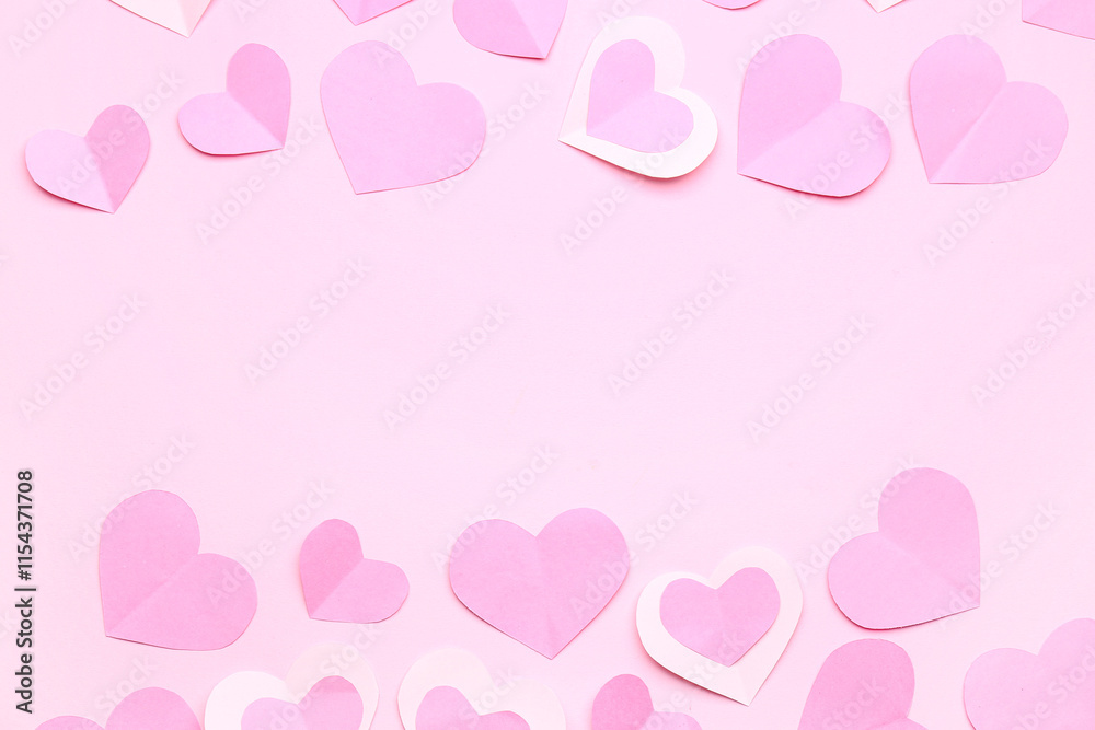 Many paper hearts on pink background. Valentine's Day celebration Many paper hearts on pink background. Valentine's Day celebration