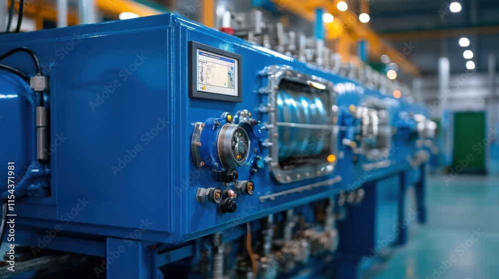 A close-up view of a blue industrial machine with a control panel and gauges in a modern factory, emphasizing technology and precision industry operations. A close-up view of a blue industrial machine with a control panel and gauges in a modern factory, emphasizing technology and precision industry operations.