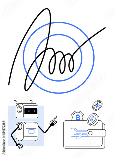 Black and blue circular waves digital signature robot pointing, bitcoin coins, wallet with circuit. Ideal for technology, cryptocurrency, digital security, blockchain, finance, AI, and cyberspace