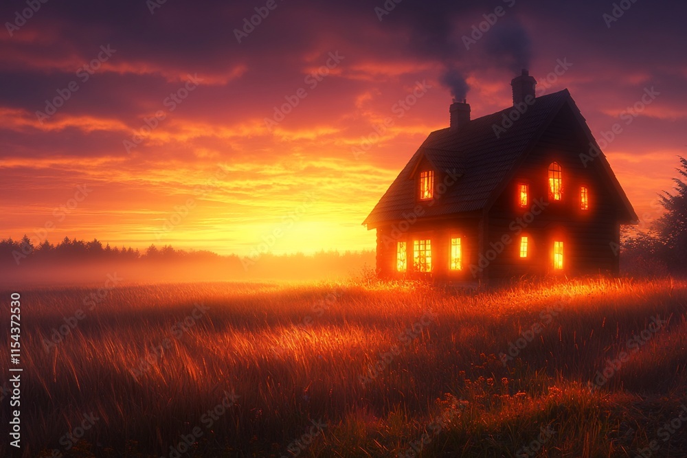 Illuminated house in foggy field at sunset. Illuminated house in foggy field at sunset.