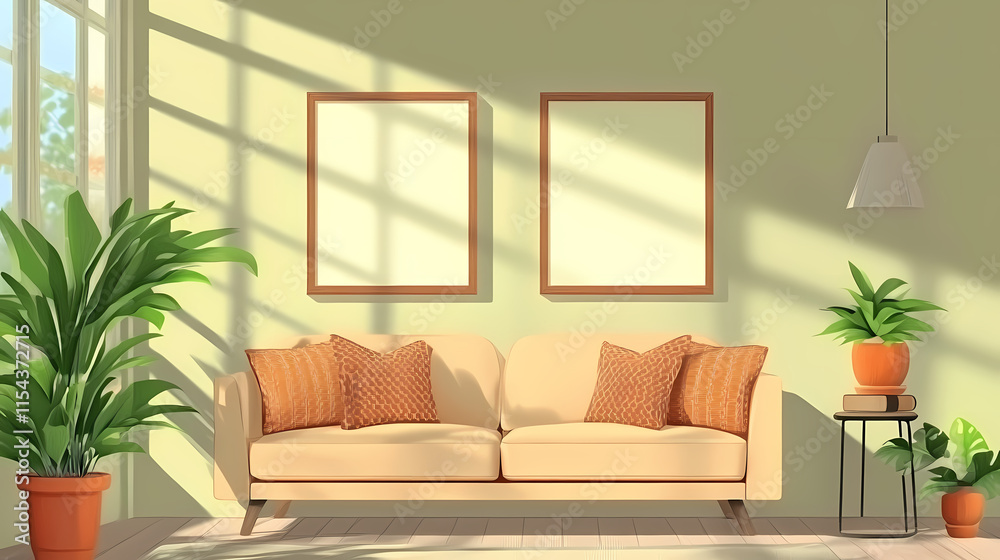 Mockup two frames ratio. sunlit cozy living room interior with blank picture frames for your design. Sunlit. Illustration Mockup two frames ratio. sunlit cozy living room interior with blank picture frames for your design. Sunlit. Illustration