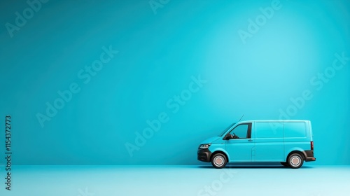 A modern image featuring a light blue van placed against a cyan backdrop, highlighting themes of transportation and movement in a sleek design. photo