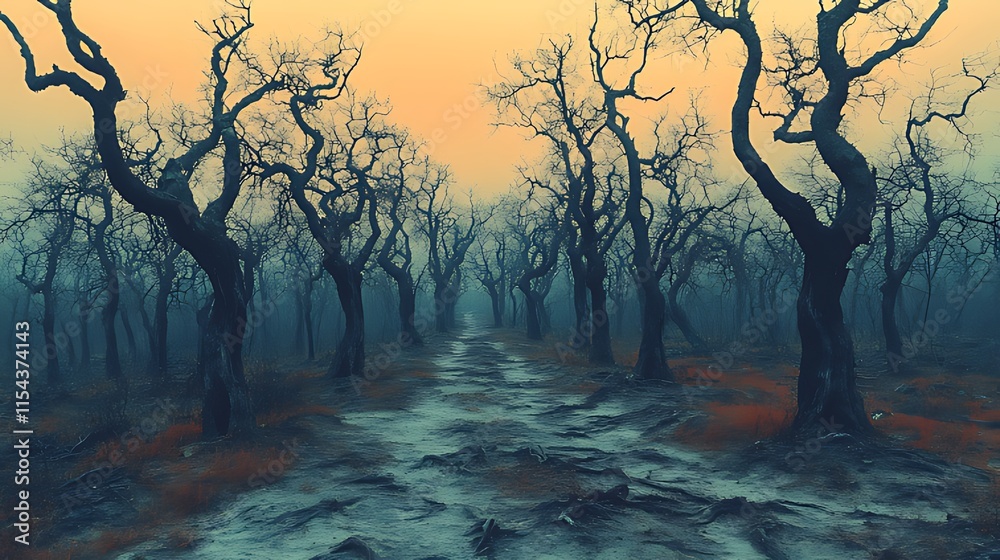 Mystical foggy forest path with barren, twisted trees at dawn. Mystical foggy forest path with barren, twisted trees at dawn.