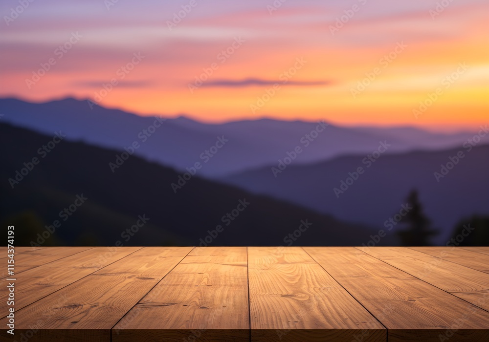 empty wooden table with sunset and mountains in background empty wooden table with sunset and mountains in background