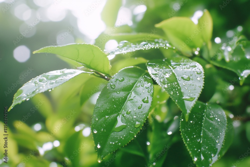 Close-up of green leaves with water droplets, showcasing nature's beauty. Close-up of green leaves with water droplets, showcasing nature's beauty.
