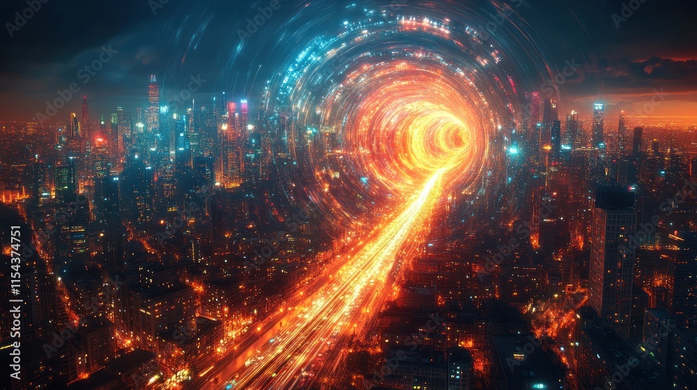 A swirling vortex over a cityscape, merging urban life with cosmic elements. A swirling vortex over a cityscape, merging urban life with cosmic elements.