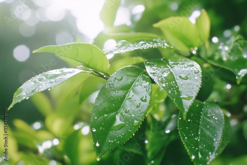 Close-up of green leaves with water droplets, showcasing nature's beauty. photo