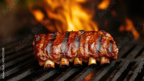 Wallpaper Mural A generous slab of barbecue ribs sizzling on the grill, accented by perfectly formed grill marks and framed against a backdrop of flickering fire, inviting hunger with its aroma. Torontodigital.ca