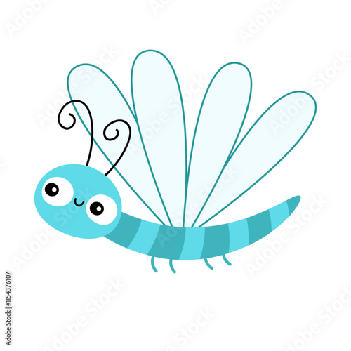 Dragonfly icon. Cute kawaii cartoon funny baby character. Blue wings dragon fly Insect animal. Smiling face, horns. Sticker print. White background. Childish style. Isolated. Flat design. Vector