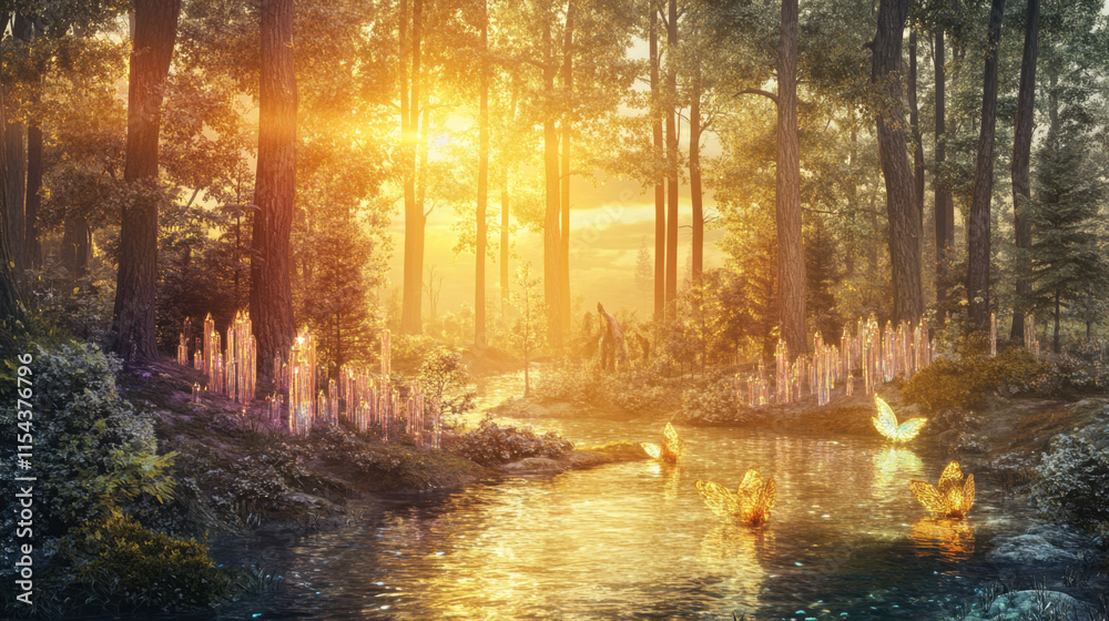 Obraz premium A magical forest with sparkling rivers and mythical creatures like sprites and griffins interacting near glowing crystal plants, vibrant sunset casting colorful rays through the trees