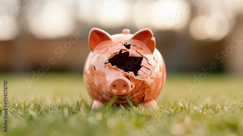 A shattered piggy bank lying on green grass, representing broken finances or spent savings, with a bright but somber daylight background.