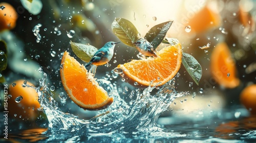 Orange slices splashing into water with mint