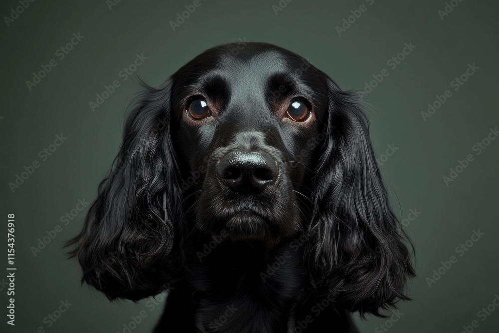 Studio portrait of black Cocker Spaniel with long ears intense gaze bright lighting detailed fur grey background Studio portrait of black Cocker Spaniel with long ears intense gaze bright lighting detailed fur grey background