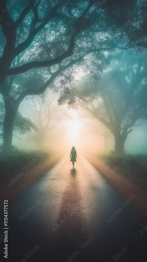 Fototapeta premium A lone woman walks down a misty road between trees.