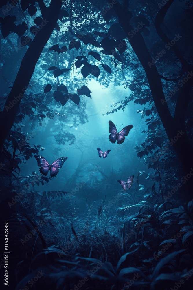A mystical forest lit by moonlight, with mythical creatures like nymphs and glowing butterflies hovering near magical plants, tall shadowy trees framing the ethereal scene, creating a mysterious A mystical forest lit by moonlight, with mythical creatures like nymphs and glowing butterflies hovering near magical plants, tall shadowy trees framing the ethereal scene, creating a mysterious