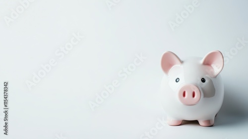 A small white piggy bank stands on a clean white background, representing savings, simplicity, and financial planning through minimalist and modern aesthetics. photo