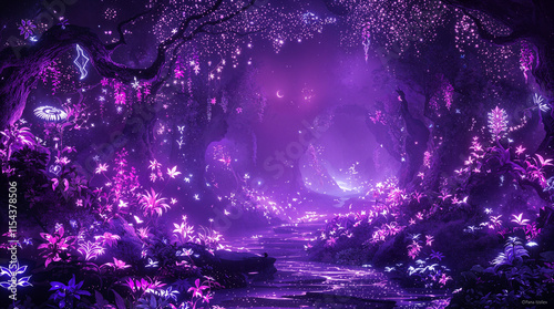 Fototapeta Naklejka Na Ścianę i Meble -  Enchanted Purple Fantasy Forest, Glowing Flowers, Stream, Castle