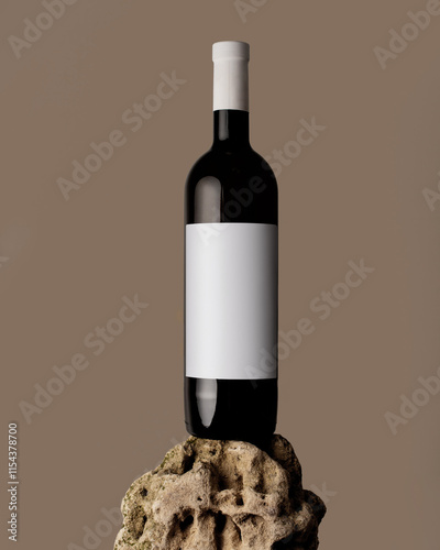 Blank white label mock up on black bottle of unlabeled wine on a stone. Alcohol bottle mockup presentation ready for logo design. Full drink bottle template with empty sticker