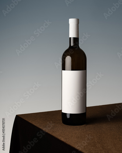 Blank white label mock up on black bottle of unlabeled wine on a table. Alcohol bottle mockup presentation ready for logo design. Full drink bottle template with empty sticker