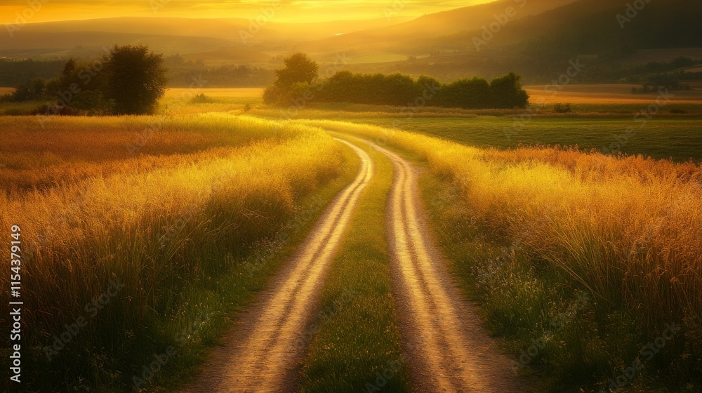 Serene Countryside Pathway at Golden Hour Light Serene Countryside Pathway at Golden Hour Light