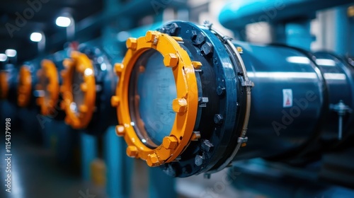 Detailed view of an industrial pipe featuring prominent orange bolts, suggesting maintenance or construction environment with metallic and engineering elements. photo