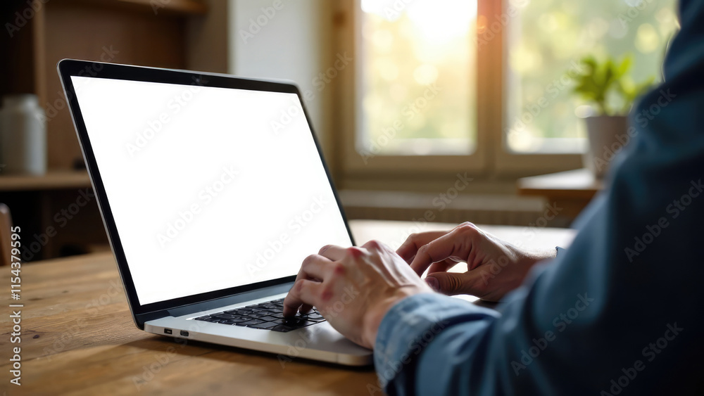 A person is typing on a laptop with a blank screen on a wooden table. Concept of: online activity. A person is typing on a laptop with a blank screen on a wooden table. Concept of: online activity.