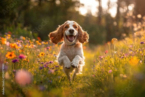 Energetic Cocker Spaniel in wildflowerfilled forest sunny setting photo