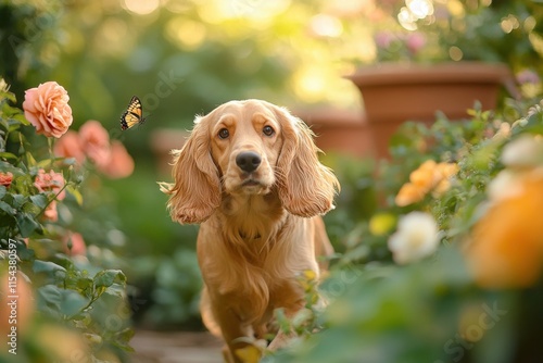 Golden cocker spaniel chasing butterfly in vibrant garden setting