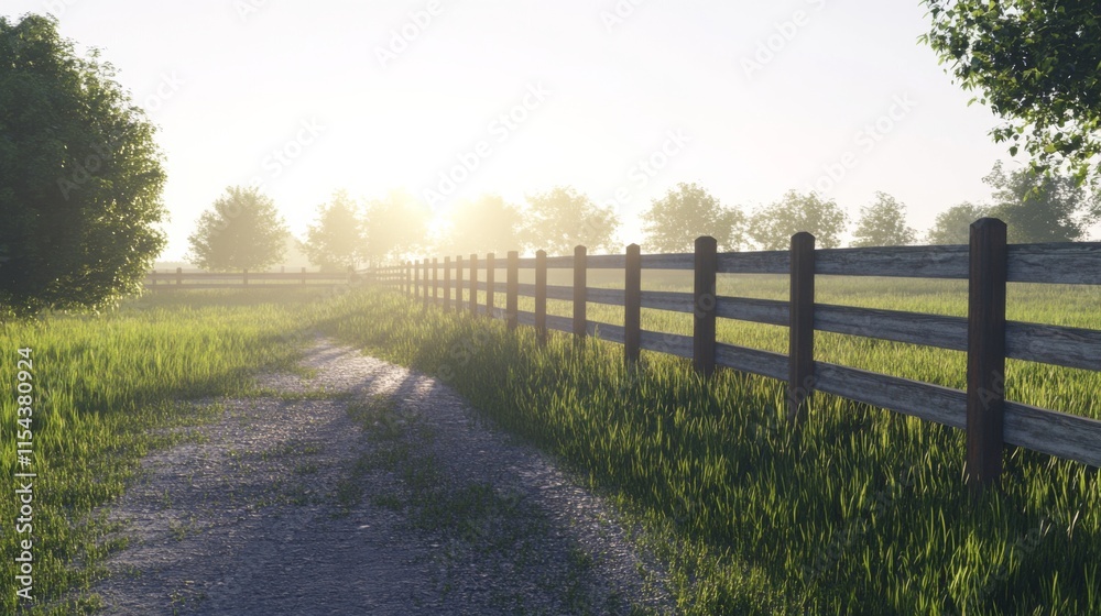 Fototapeta premium Sunrise Over Farm Fence in Soft Light